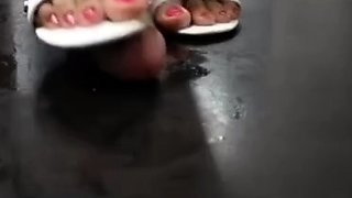 Only Asian Crush white sandals footjob on cockbox cum