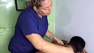 Mature masseuse gives a deep massage, great blowjob from young stud