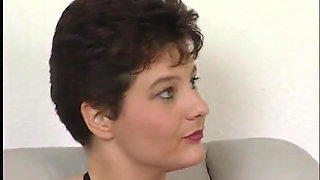 Short haired brunette wearing stockings while sucking and riding dick at casting