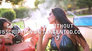 TANGENTOD Latex Femdoms Smoke and Dominate Bound Male