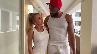 Diminutive blondie takes BIG BLACK COCK