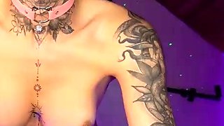 Chubby big tits shemale jerking her big cock