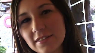 Cute brunette moans while stud pounds her ass on the sofa