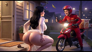 Curvy Woman In Translucent White Outfit Talks To Pizza Delivery Guy At Her Front Door At Night (AI generated)