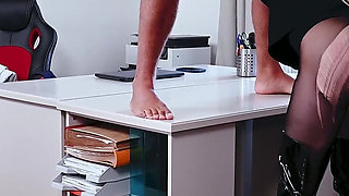Female Boss in High Heel Boots Gets Fucked in the Office by 2 Employees with Big Dicks