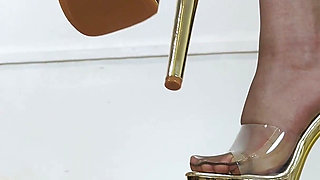 (677) Shoe Collection: Golden and Clear Extreme Heel and Platform Mules - Dame Olga (4k)