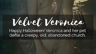 Happy halloween! Veronica and her pet defile a creepy, old, abandoned church