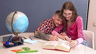 Young student Alice Xo fucks her teacher on the table in a steamy scene.