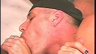 Hot black hair slut with two hard body dudes in bi action on studio floor