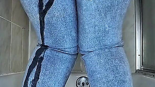 Desperate for Wee in the Bathroom Pissing in My Blue Jeans