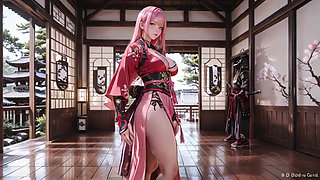 Pink-haired warrior kneeling on tatami, high-slit kimono slipping to reveal snowy thighs.