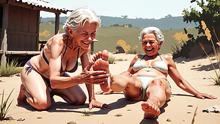 Two Skinny 90 Year Old Grannies - One Licks the Other's Feet in Humiliation