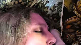 Elara Playing with Her Feather Vibrator Leads to a Nylon Tease and Blow Job with Cum in Mouth