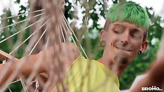 Sexy guys use the hammock to fuck in the ass and pose hot