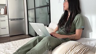 Asian with glasses begs to fuck her bush in the kitchen