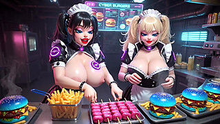 Two Cute Women Working at Cyberpunk Corner, Ai Animation