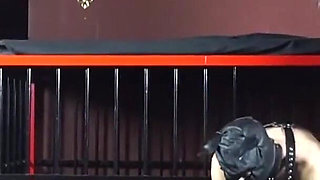 Dominatrix Commands Bound Slave in Cage