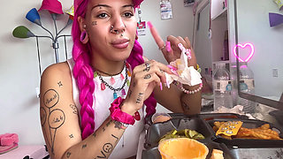 Spicy Food Mukbang Overeating Facestuffing Petite Girl Eating Hot Food Close-up Long Nails Fetish Acrylic Nails Teen Bonnet Hung