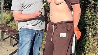 Tits Play with Clamps and Weights, Outdoor Bondage for Tits and Ass Caning