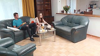 Tiny Nerdy Gal Cucks BF, Pleasing His Stepdad With Sex So That The Old Man Let Them Stay In His House