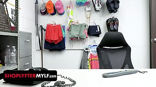 Shoplyfter mylf caught stealing lingerie gets lashed by 2 dicks in the backroom