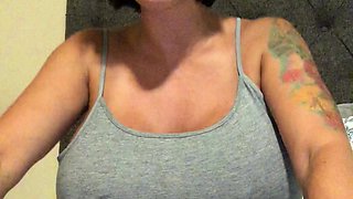 Busty curly brunette with big boobs fucks on couch