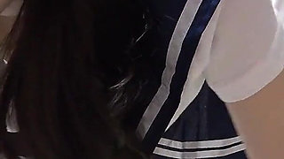 Miniskirt Student Uniform Girl's Room Cleaning, Slender but Natural Tits Japanese Girl Cleaning in No Bra and Thong Panties