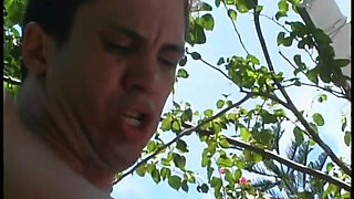 Shemale loves to lick cum off this horny dude outdoors