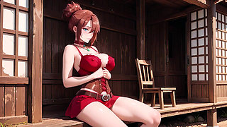 Lazy Tease on the Sun-Drenched Porch, Corset Cinching Her Curves, Fingertips Grazing Chest, That Forbidden Gaze in the Sunlight.