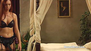 Bent Over Gagged Lesbian Slave Takes Strapon Deep In Pussy