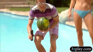 Mischievous swingers wild soiree and had fellatio hump by the pool bathing suit best friends