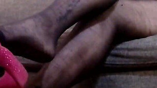 Black Nylon Pantyhose Dangling Hot Pink Heels