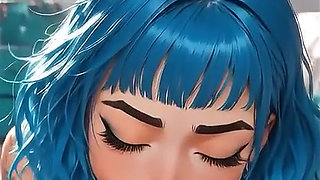 Alternative blue-haired AI girl gives a blowjob and gets cum in her mouth