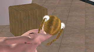 Animated 3D Lesbian Porn - Young Woman Riding Blue Elf Strap-on in Pussy Reverse Cowgirl