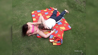 Face Sitting and Pussy Licking Outdoors While She Wears a Bikini with a BJ and HJ Reward