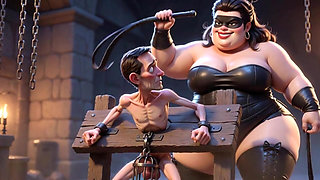 Fat Dominatrix Whips Slaves Caged Penis - Extreme Humiliation