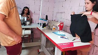 Naughty Seamstress Threesome Fucks Lucky Customer - Deep Throat Blowjob & Cum in Mouth