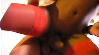 Ebony tranny loves getting her tits jizzed on