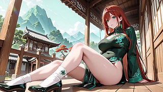 Red Hair & Emerald Qipao! Lazy Seduction in the Eastern Courtyard