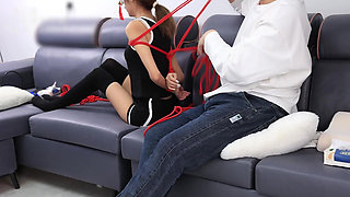 A Young, Beautiful, Slender, and Adorable Girlfriend, with Black Stockings, Red Strings, and Restraints