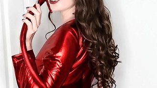 Small titted brunette Sharron with glasses masturbates
