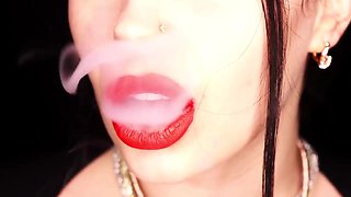 4K Applying crimson lip liner and smoking hookah on black background