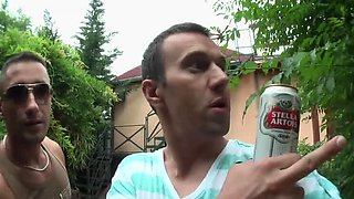 Blonde Babe Sucks Dick and Spreads Pussy in Workshop Threesome