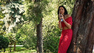 Seductive Russian Beauty Smoking Slim Cigarette Outdoors