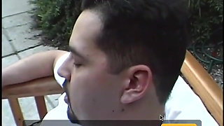 Pregnant brunette gets her pussy licked in lawn chair
