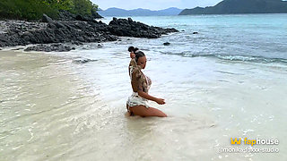 Monika Fox in Slutty White Dress on Beach