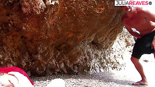 Sexy girl gets a double penetration after sucking two cocks on the beach