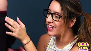 Amateur Porn 21yo CFNM gal with glasses suck n jerks penis 4