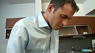 Big Tits Housewife Enticed to Ride Husband in Kitchen
