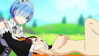Shaula Spreads Rem's Legs On The Grass - She Slides Her Fingers Inside Rem's Wet Pussy While Emilia Watches, Touching Herself